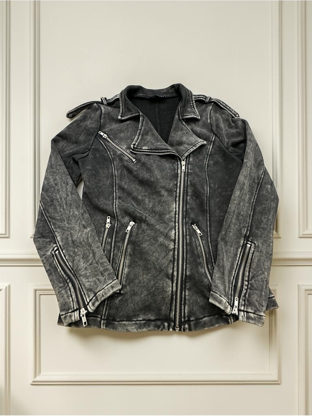 POL Cotton Moto Style Jacket. Black Mineral Wash. Size: Medium